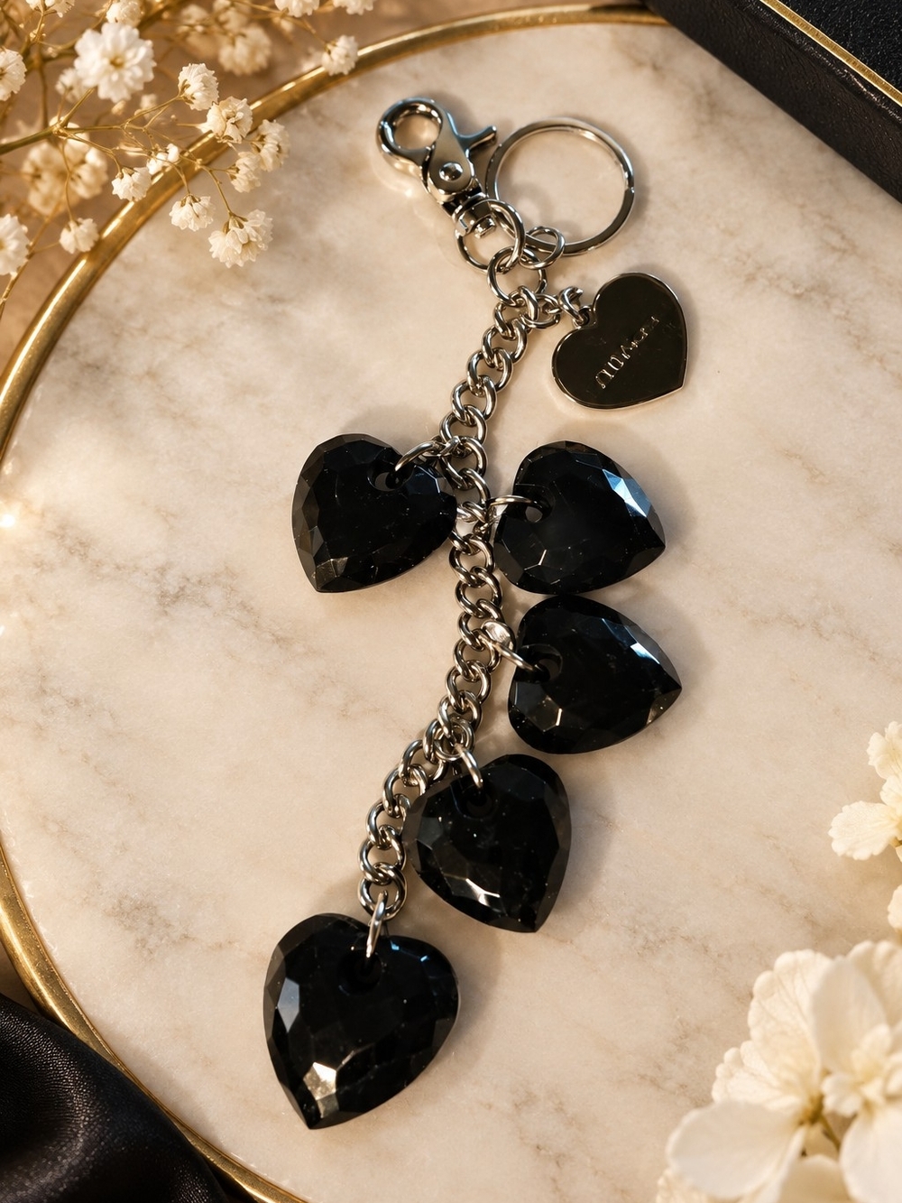 Kathy Van Zeeland Heart Charm Keychain with Black Crystal Hearts - Women Jewelry